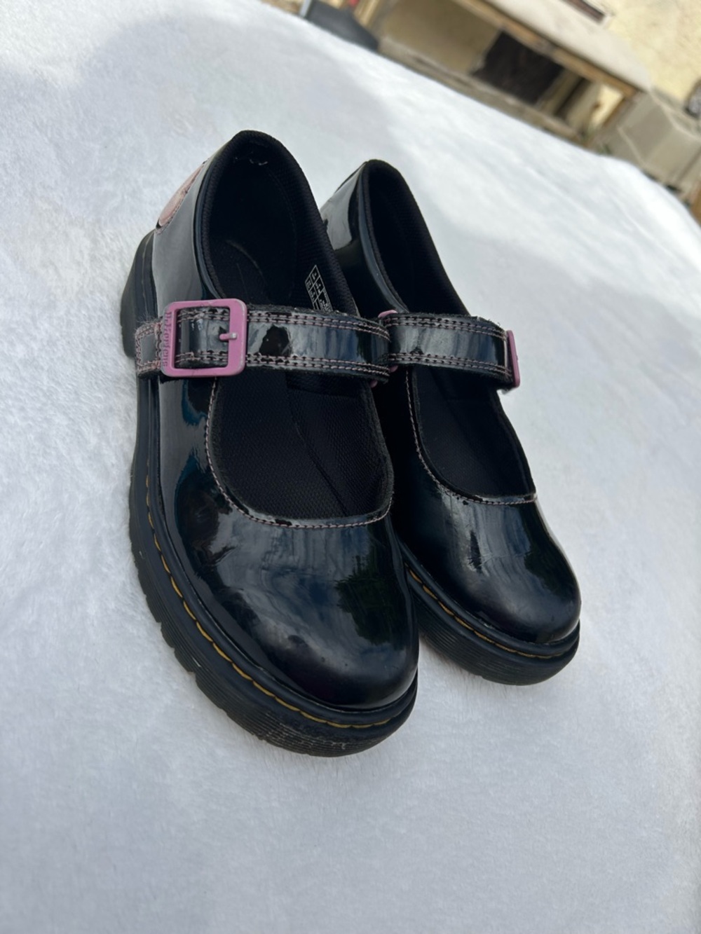 Dr. Martens Black Patent Mary Jane Shoes with Pink Buckles